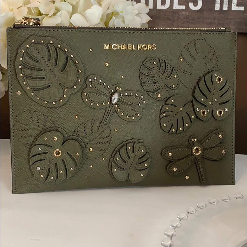 Michael Kors Olive Dragonfly XL Clutch